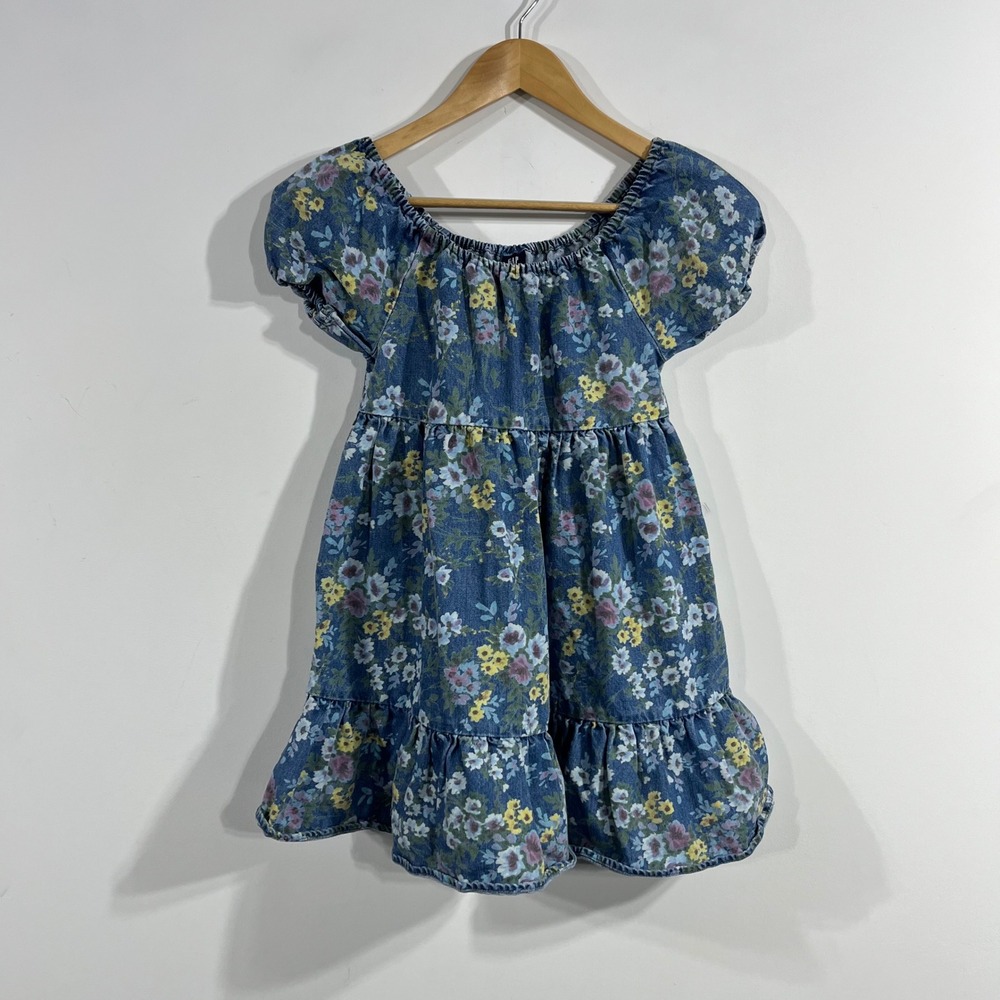 Gap Kids Girls Blue Floral Denim Tiered Ruffle Dress Size M 8-9 Cottagecore Boho